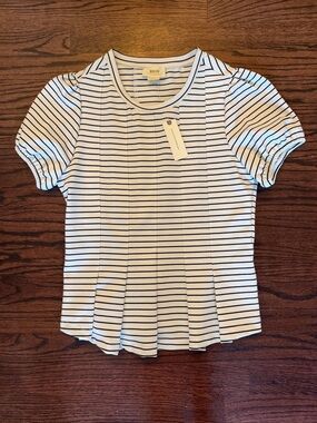 Maeve White & Black Striped Puff-Sleeve Top